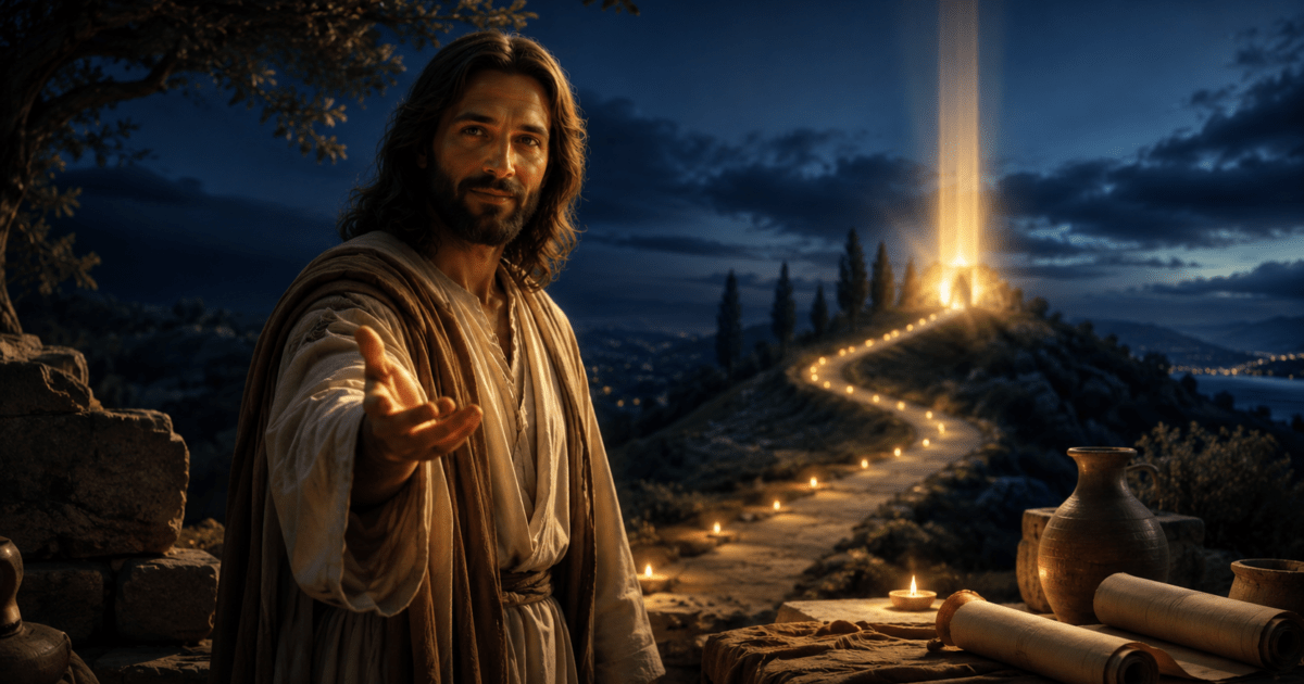 Jesus estende a mão diante de um caminho iluminado por velas à noite, na reflexão sobre viver o chamado de Deus.