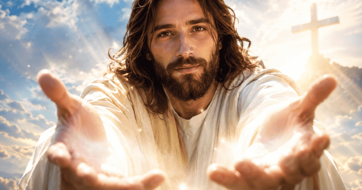 Jesus com as mãos estendidas e uma cruz iluminada ao fundo, na mensagem Oração do Milagre.