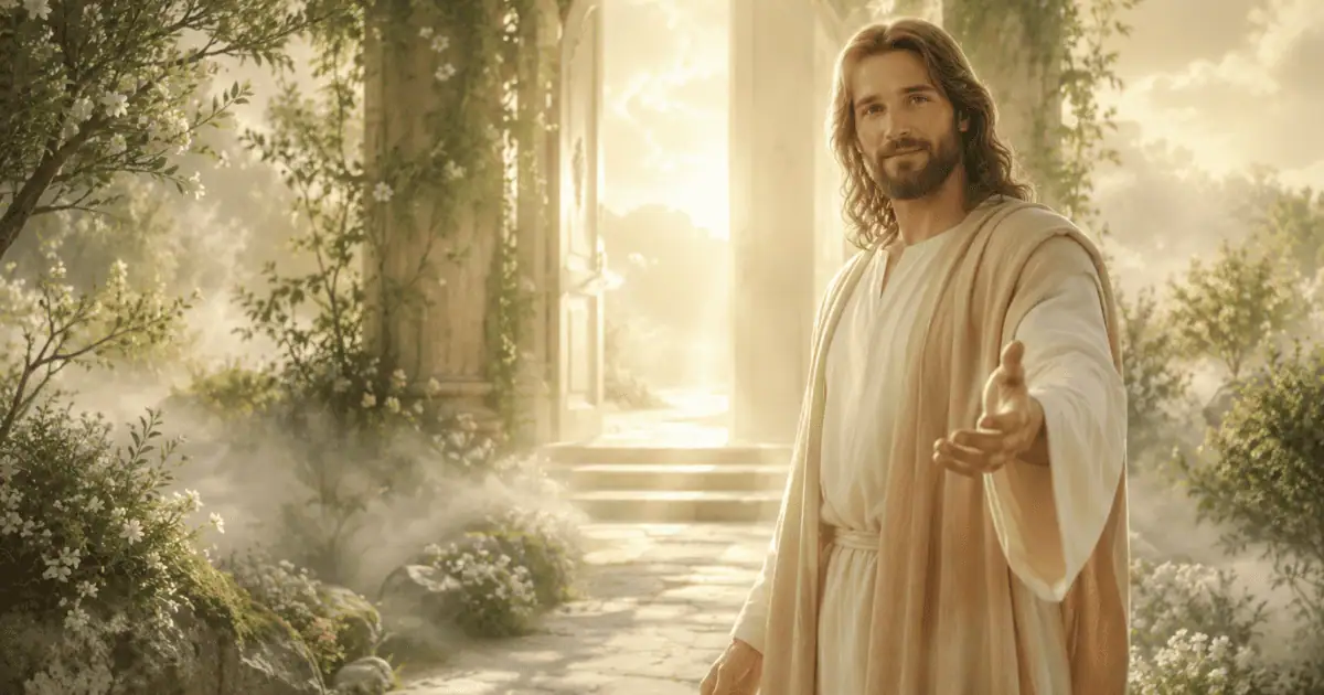 Jesus estende a mão em um jardim diante de uma porta iluminada, ilustrando o convite a orar com sinceridade.