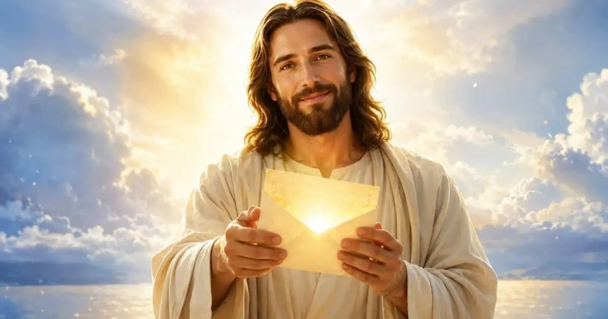 Ilustração da Carta Abençoada: Jesus segura um envelope aberto e iluminado, diante de nuvens e de uma paisagem com água.