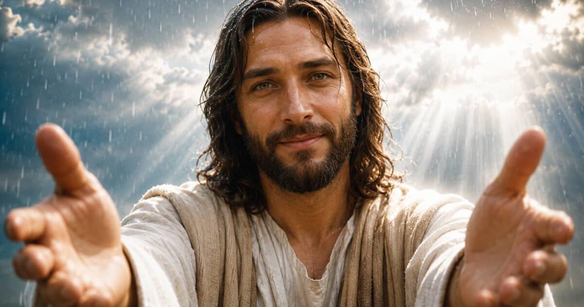 Jesus com as mãos estendidas sob a chuva, entre nuvens e raios de sol, na reflexão Chuva de Bênçãos.