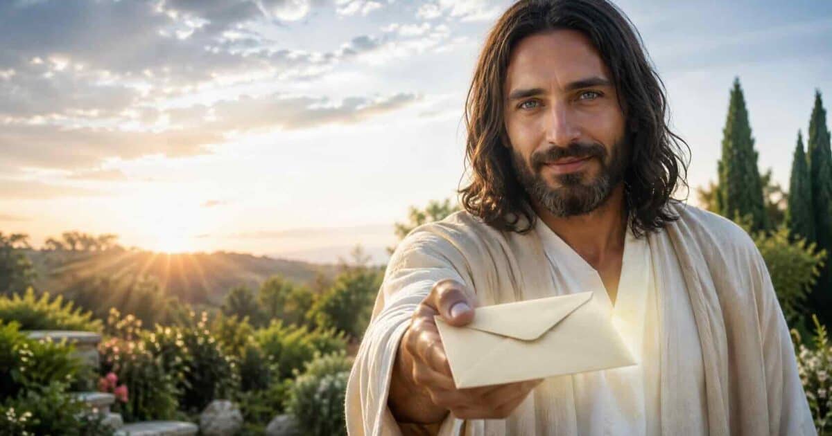 Jesus oferece uma carta em um jardim ao pôr do sol, ilustrando Salmos para hoje e a entrega de um pedido em oração.