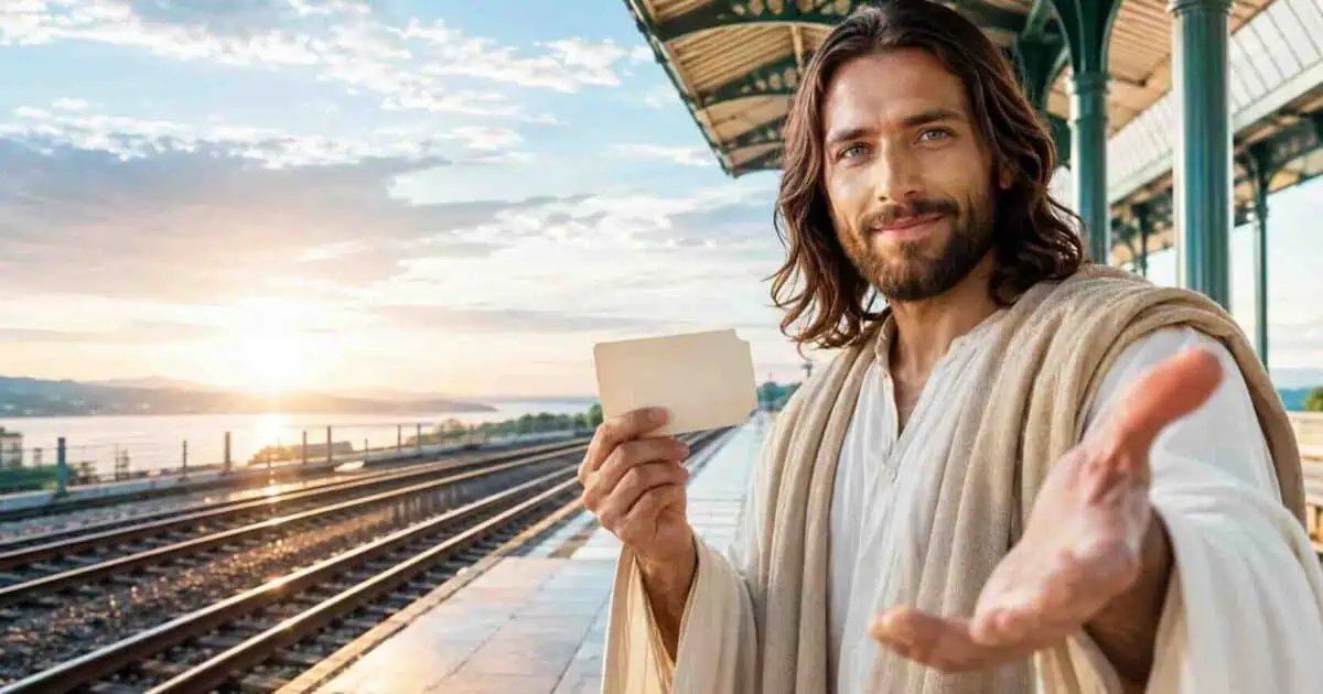 Jesus segura um bilhete e estende a mão numa plataforma de trem ao pôr do sol, na reflexão Estação de Vitórias.