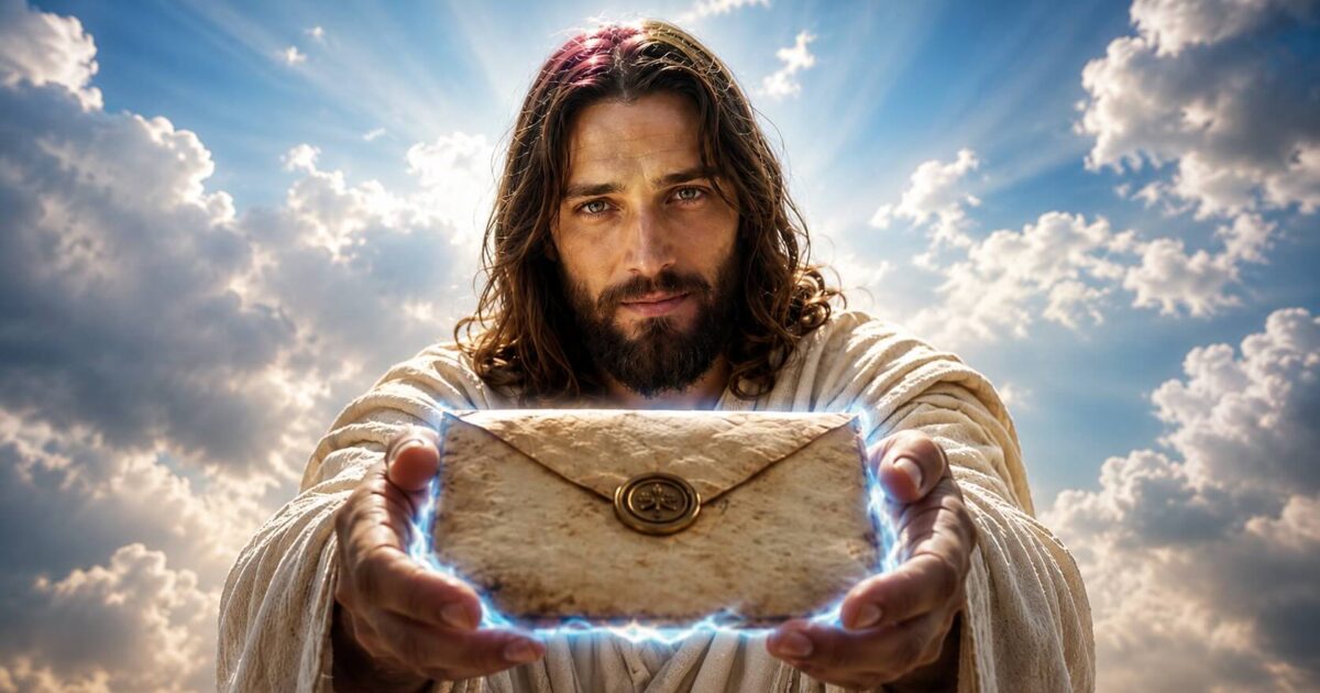 Ilustração de Jesus oferecendo um envelope selado entre nuvens, na reflexão sobre fé com prudência.