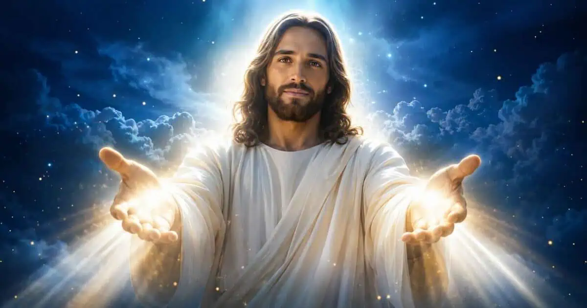 Jesus com as mãos estendidas e iluminadas diante de nuvens e estrelas, na reflexão Luz de Bênçãos.