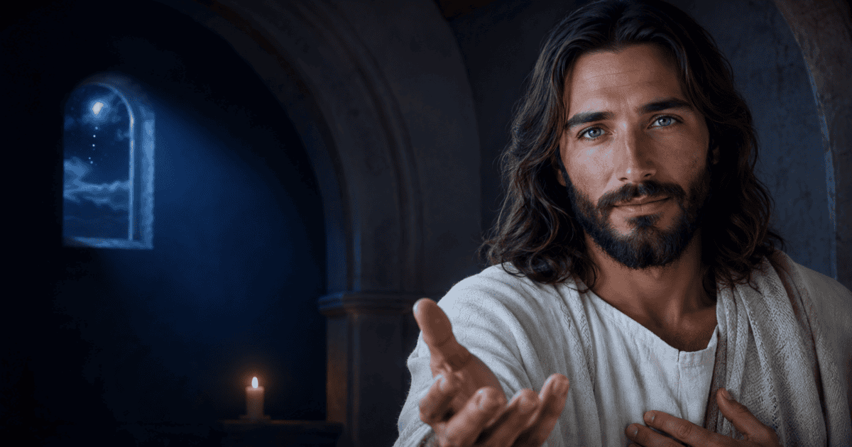 Ilustração sobre fé nos dias incertos: Jesus estende a mão em um ambiente de pedra, com uma vela e o céu noturno ao fundo.