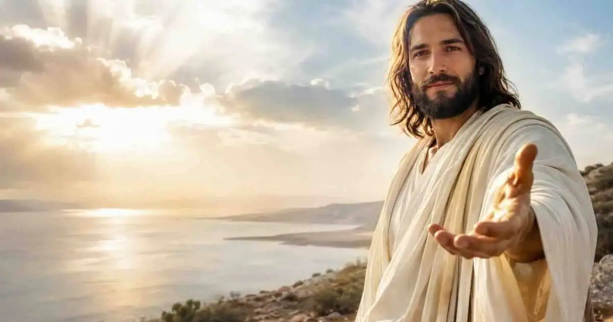Ilustração de Jesus com a mão estendida à beira da água, para acompanhar a reflexão bíblica.
