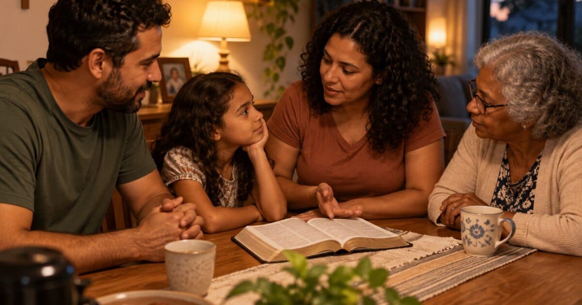 Família reunida em torno da Bíblia aberta durante um culto doméstico