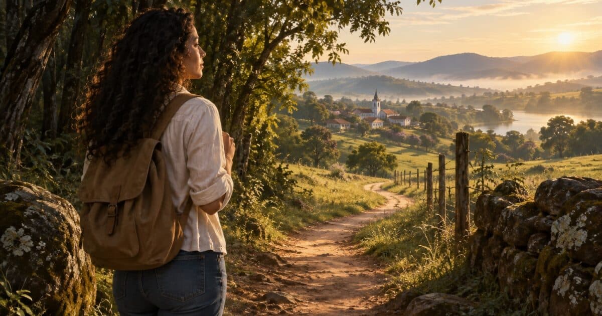 Mulher observa um caminho sinuoso entre árvores e colinas ao amanhecer
