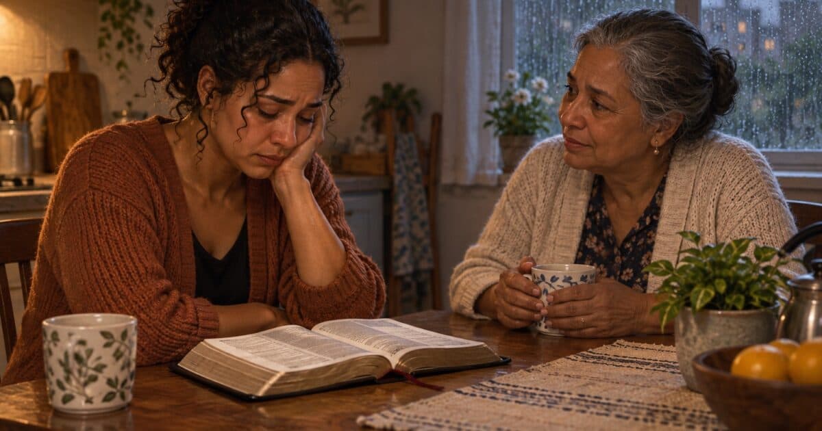 Mulher triste recebe a companhia acolhedora de uma mulher mais velha junto à Bíblia