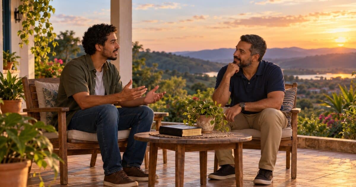 Dois amigos conversam com atenção em uma varanda, com uma Bíblia sobre a mesa.