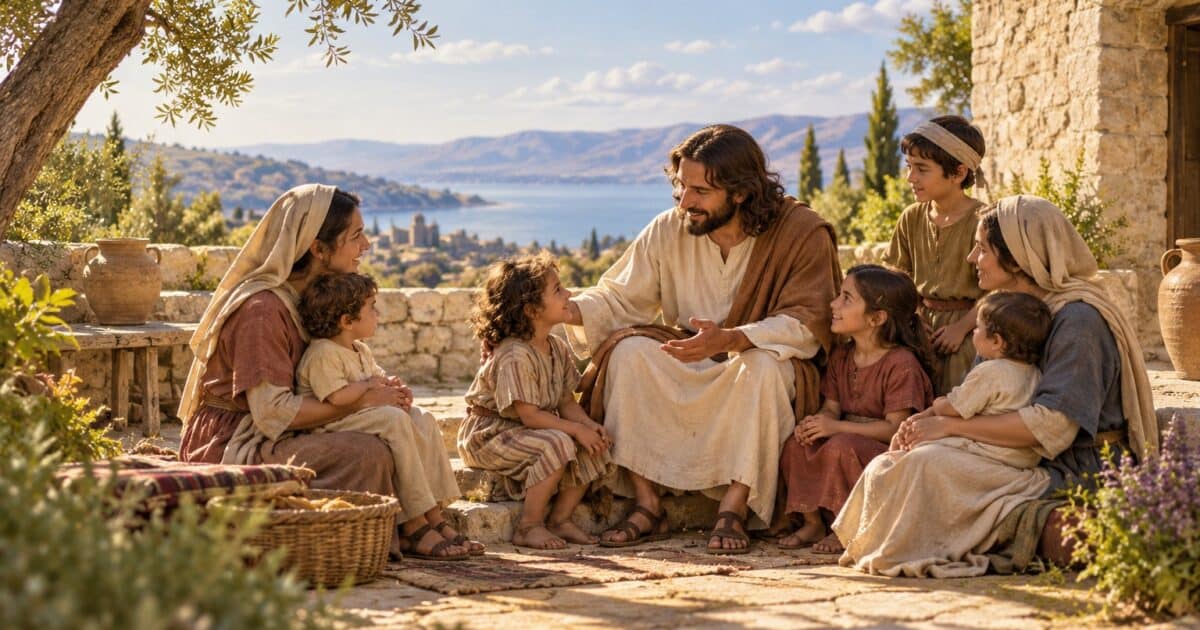 Representação artística de Jesus acolhendo crianças e suas mães em um pátio de pedra.