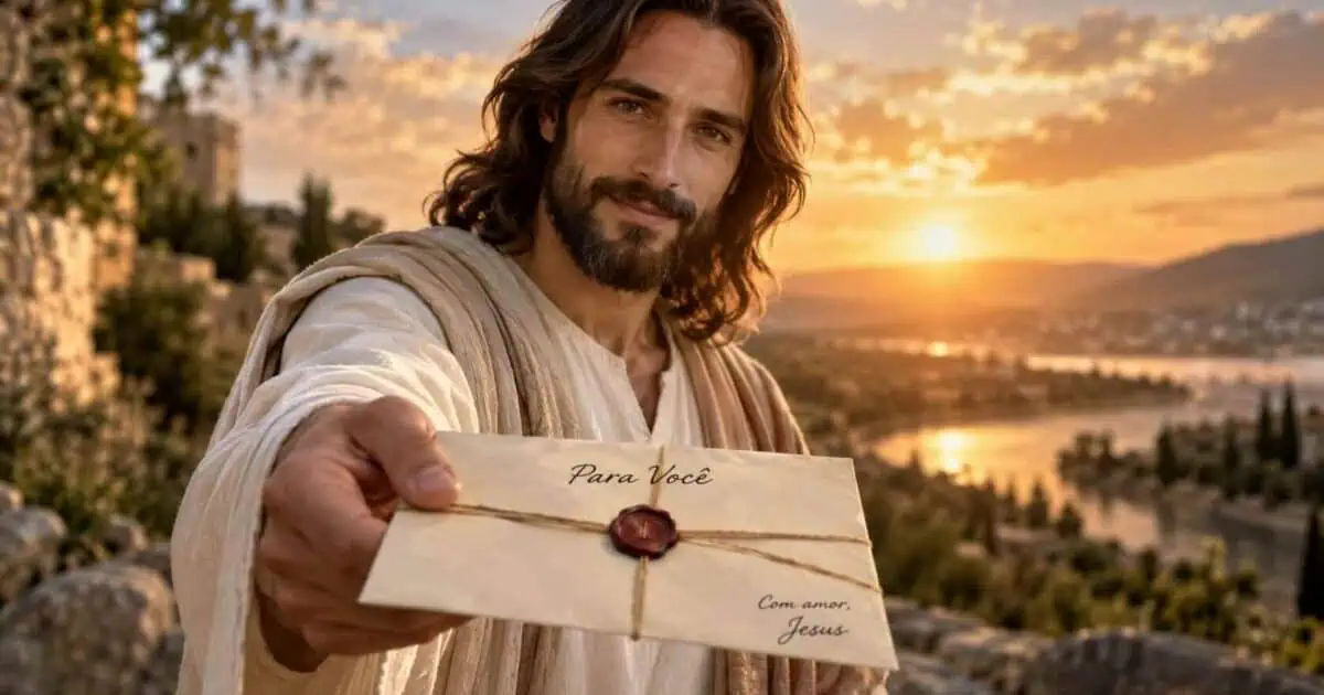 Ilustração de Jesus oferecendo uma carta com as frases “Para Você” e “Com amor, Jesus”, diante de um pôr do sol.