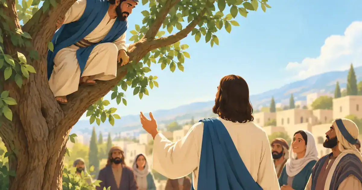 Jesus chama Zaqueu, que está no alto de uma árvore, diante da multidão em Jericó