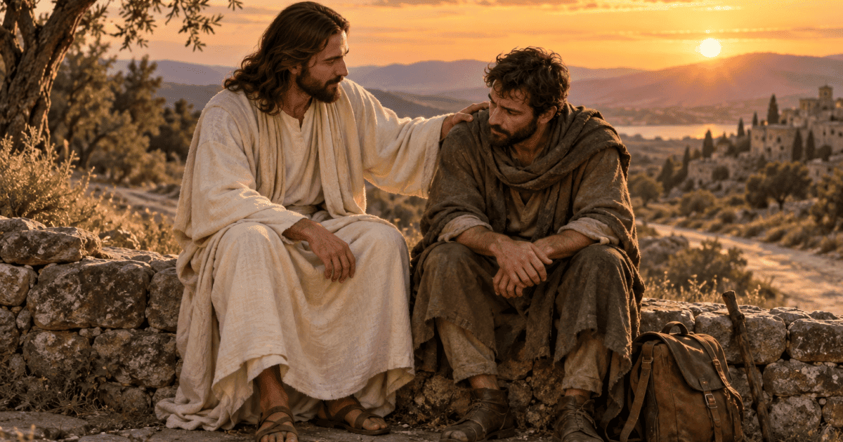 Amparo de Jesus: Jesus acolhe um viajante cansado, apoiando a mão em seu ombro à beira do caminho.