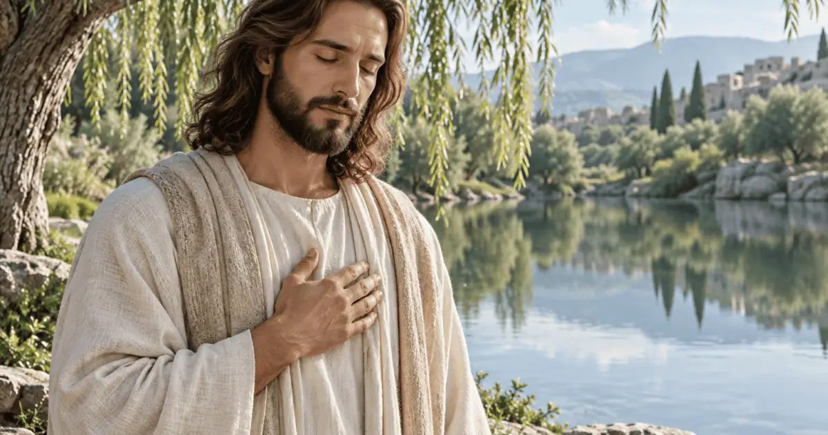 Aquietar o coração: Jesus mantém a mão sobre o peito e os olhos fechados junto a um lago tranquilo.