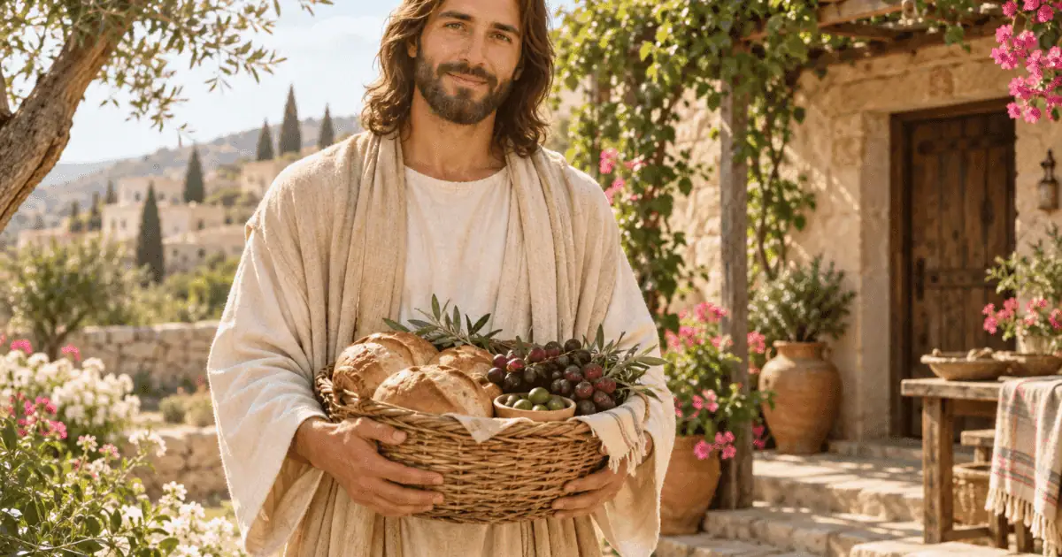 Bênçãos para a vida: Jesus segura uma cesta com pães, uvas e azeitonas em um jardim de uma vila.