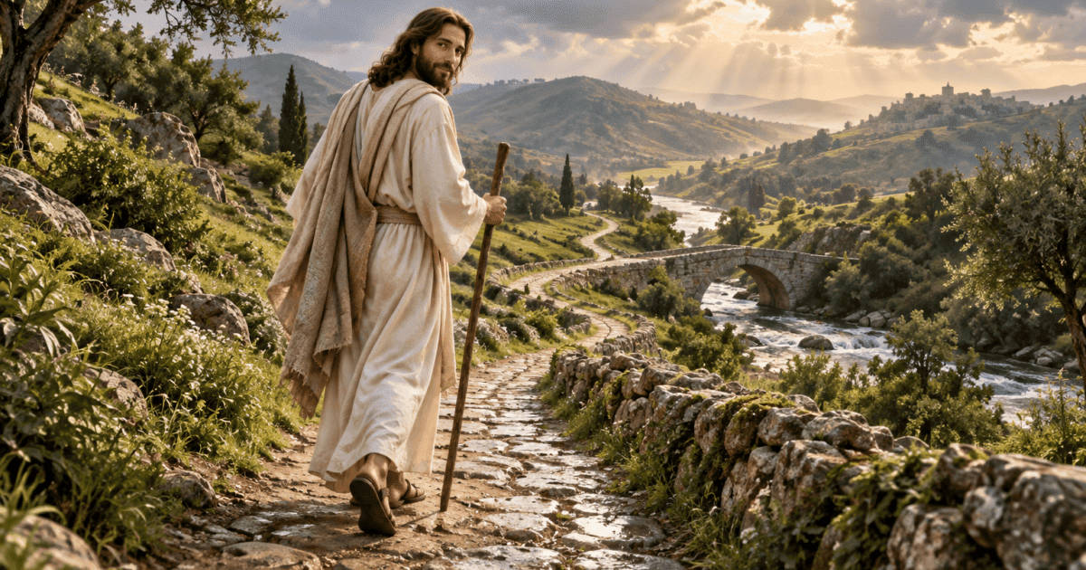 Caminhos do milagre: Jesus caminha com um cajado por uma trilha de pedra em direção a uma ponte.