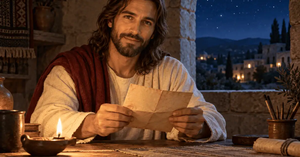 Carta de Deus na madrugada: Jesus segura uma carta à luz de uma lamparina, diante de uma janela com céu estrelado.