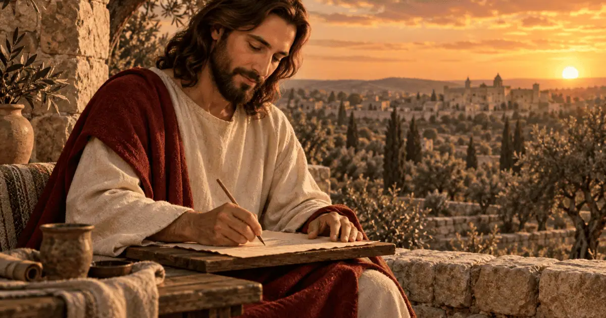 Uma carta de Jesus para você: Jesus escreve uma carta em um terraço de pedra ao pôr do sol.
