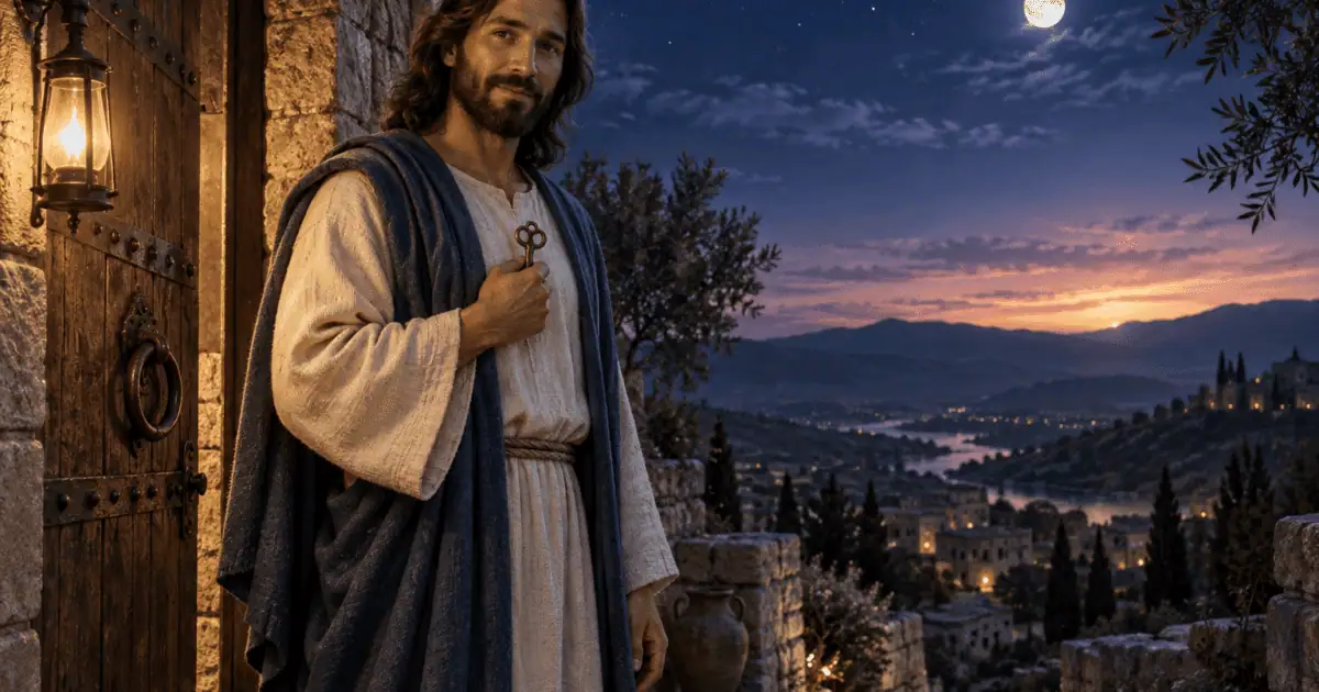 Chave da madrugada: Jesus segura uma pequena chave junto a uma porta de pedra sob o céu noturno.