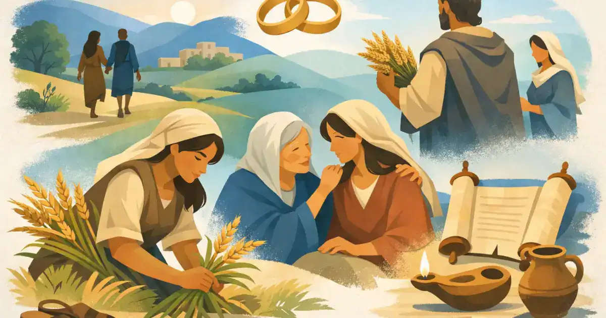 Ilustração sobre as lições de Rute, com colheita de espigas, acolhimento entre mulheres e alianças.