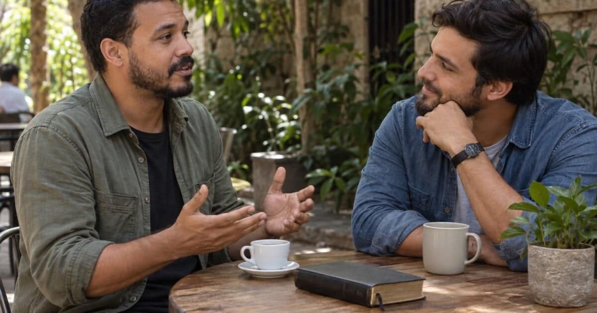 Dois homens conversam à mesa de um café, com uma Bíblia entre eles, ilustrando a partilha de um testemunho cristão.