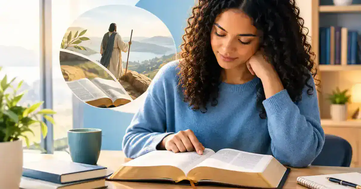 Mulher estudando uma Bíblia aberta ao lado de um pergaminho, com uma cidade antiga ao fundo.