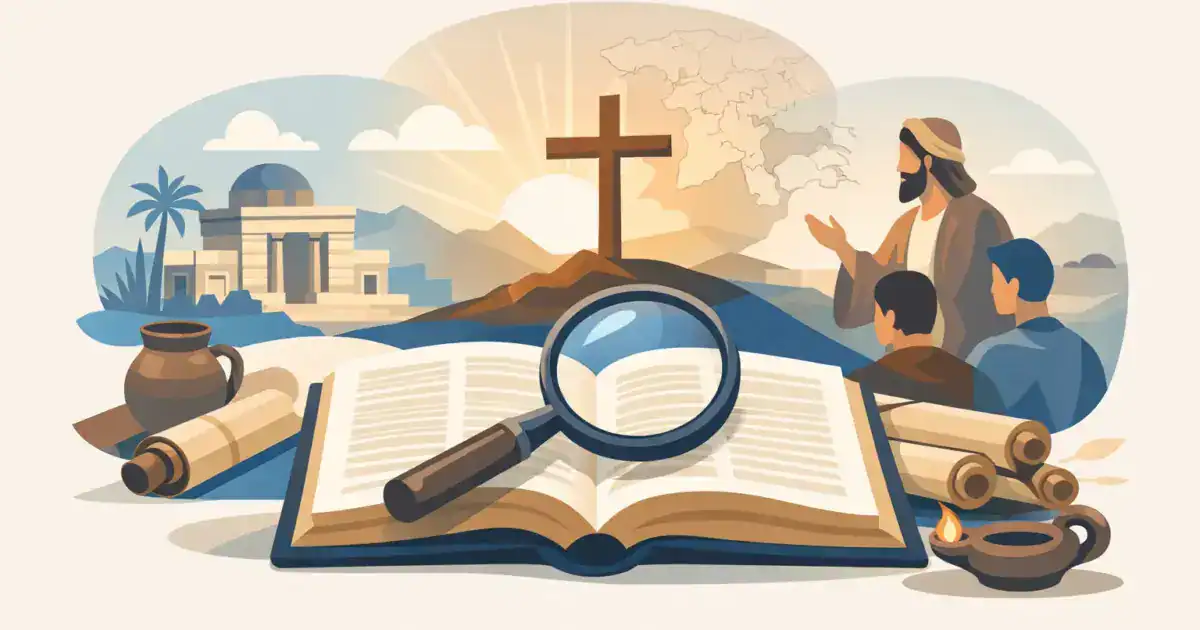 Ilustração de Bíblia aberta com lupa, pergaminhos e uma cruz ao fundo, representando o estudo do contexto bíblico.