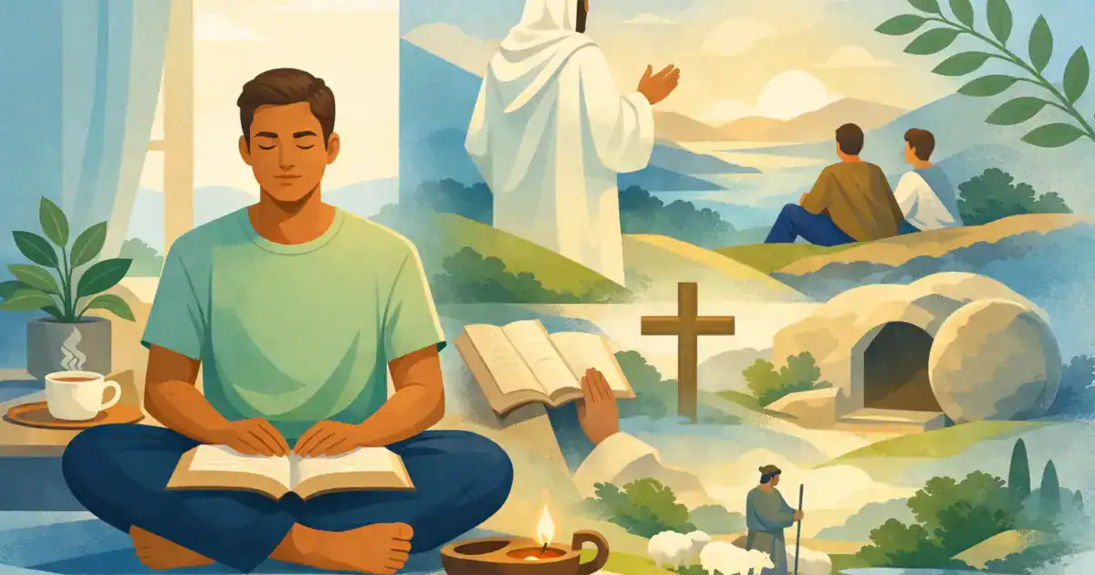 Ilustração de um homem com a Bíblia aberta no colo, cercado por cenas bíblicas, uma cruz e um túmulo aberto.