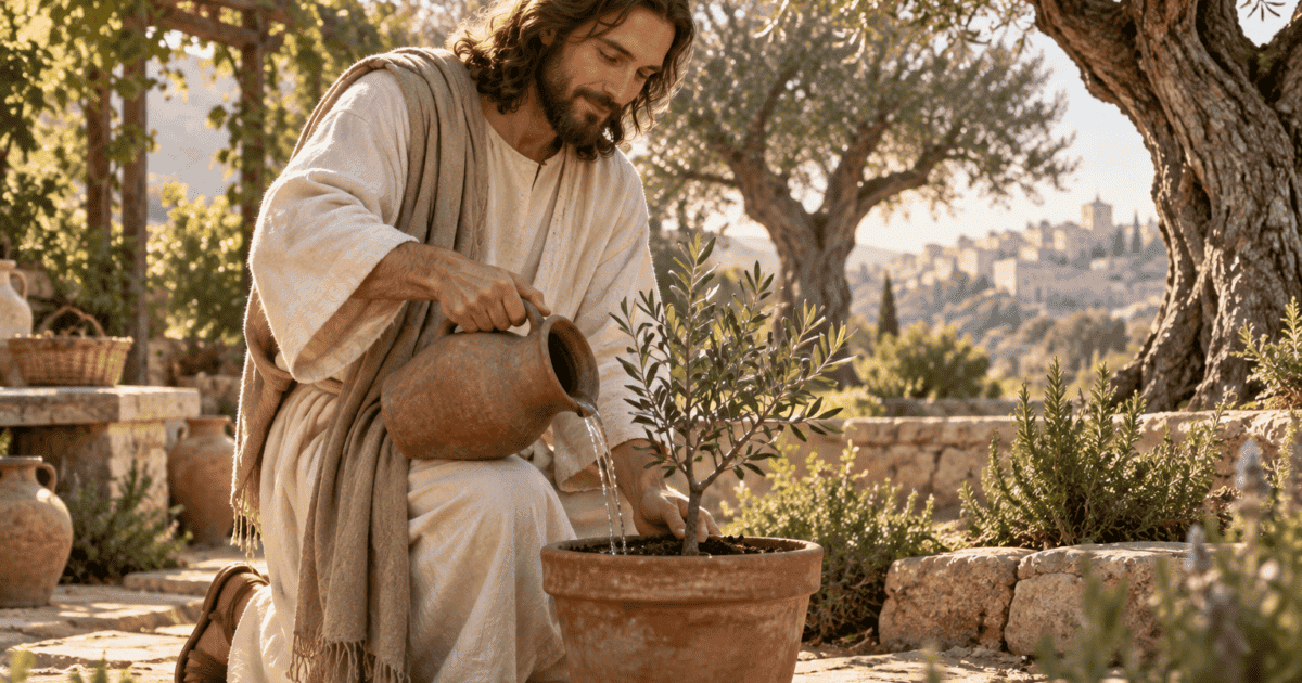 Constância na fé: Jesus rega uma pequena oliveira em um vaso de barro, em um jardim ensolarado.