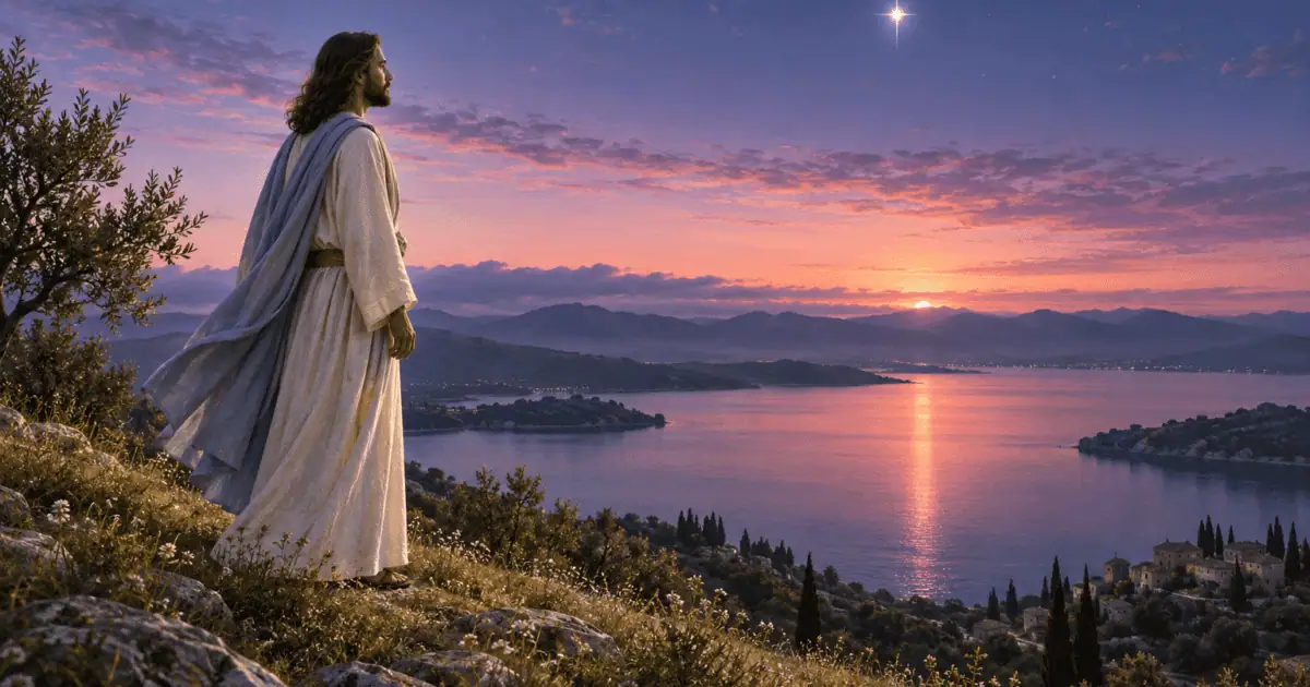 Estrela da madrugada: Jesus contempla uma estrela acima de um lago ao amanhecer.