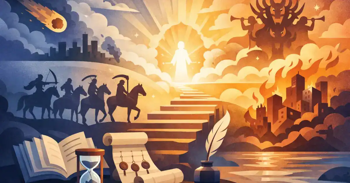 Ilustração simbólica do Apocalipse com quatro cavaleiros, trombetas e uma figura luminosa ao centro.
