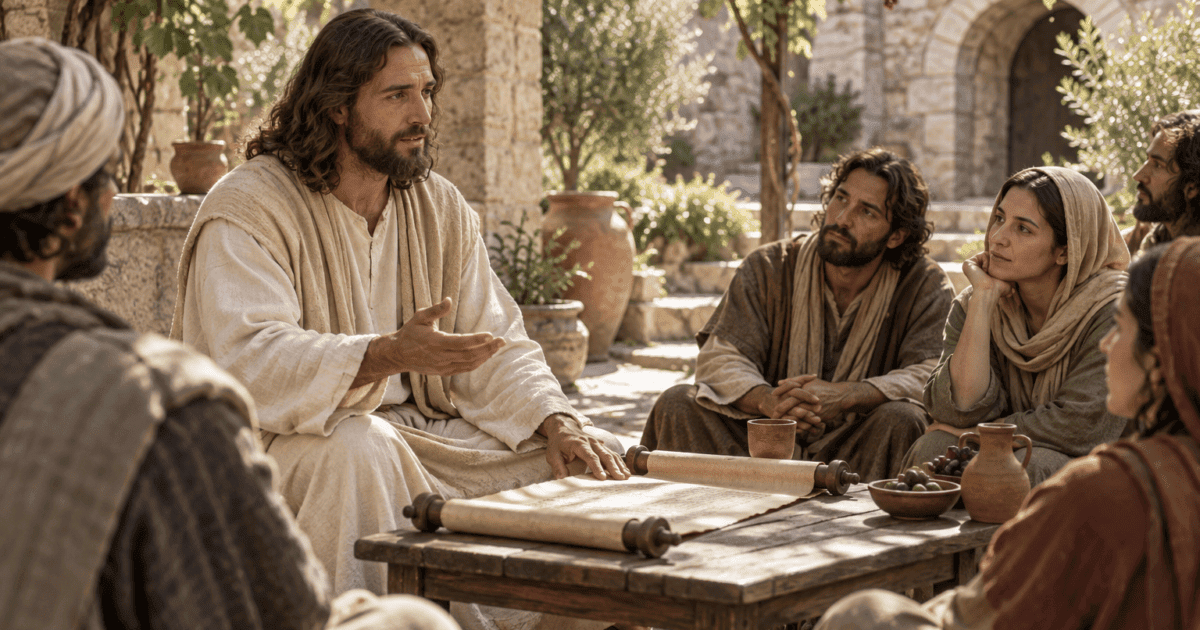 Fala de Deus na Bíblia: Jesus ensina um grupo de pessoas ao redor de um pergaminho aberto em um pátio.