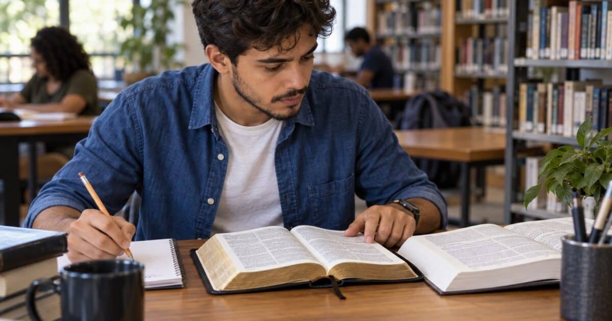 Jovem consulta a Bíblia e um livro de referência para conferir se uma frase está na Bíblia.