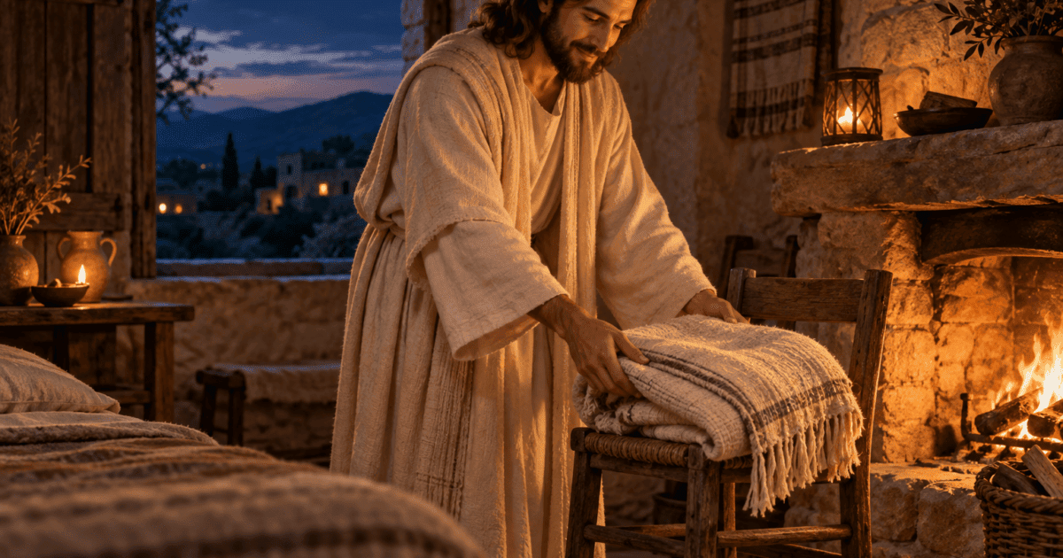 Mensagem de Jesus antes de dormir: Jesus coloca uma manta dobrada sobre uma cadeira junto à lareira, ao anoitecer.