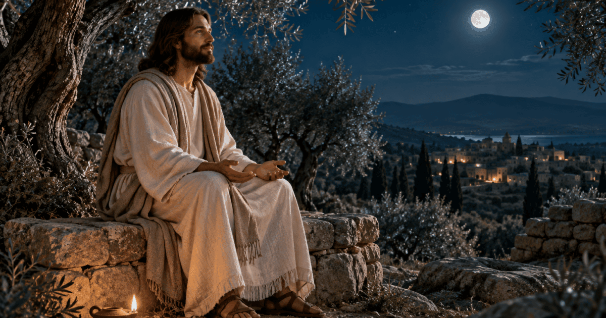 Madrugada milagrosa: Jesus sentado em oração entre oliveiras iluminadas pela lua, com uma lamparina aos pés.