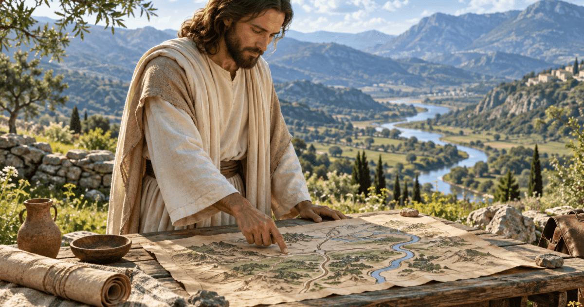 Mapa das bênçãos: Jesus observa um mapa sobre uma mesa ao ar livre, com um vale e um rio ao fundo.