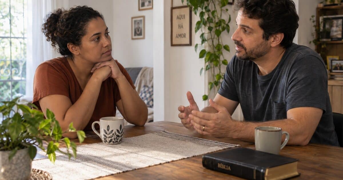 Duas pessoas conversando com calma à mesa, com uma Bíblia fechada ao lado.