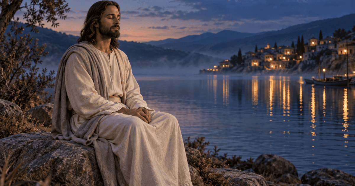 Mensagem antes de dormir: Jesus descansa sentado à margem de um lago, com luzes da vila refletidas na água.