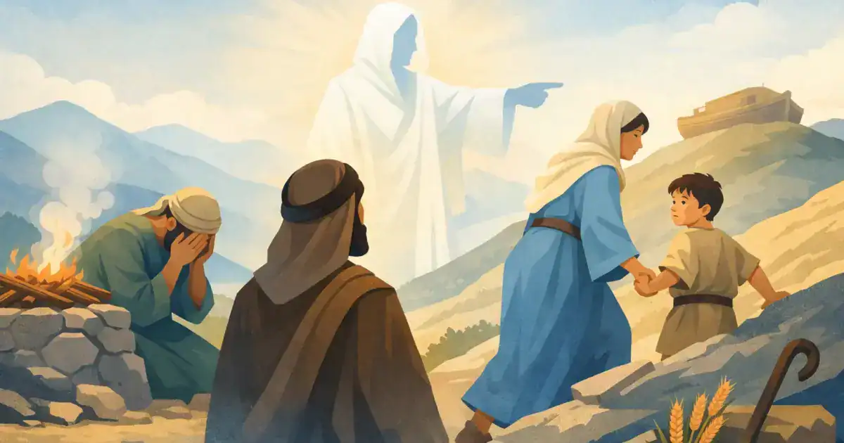 Ilustração sobre obediência a Deus, com personagens bíblicos em um caminho e um altar ao lado.