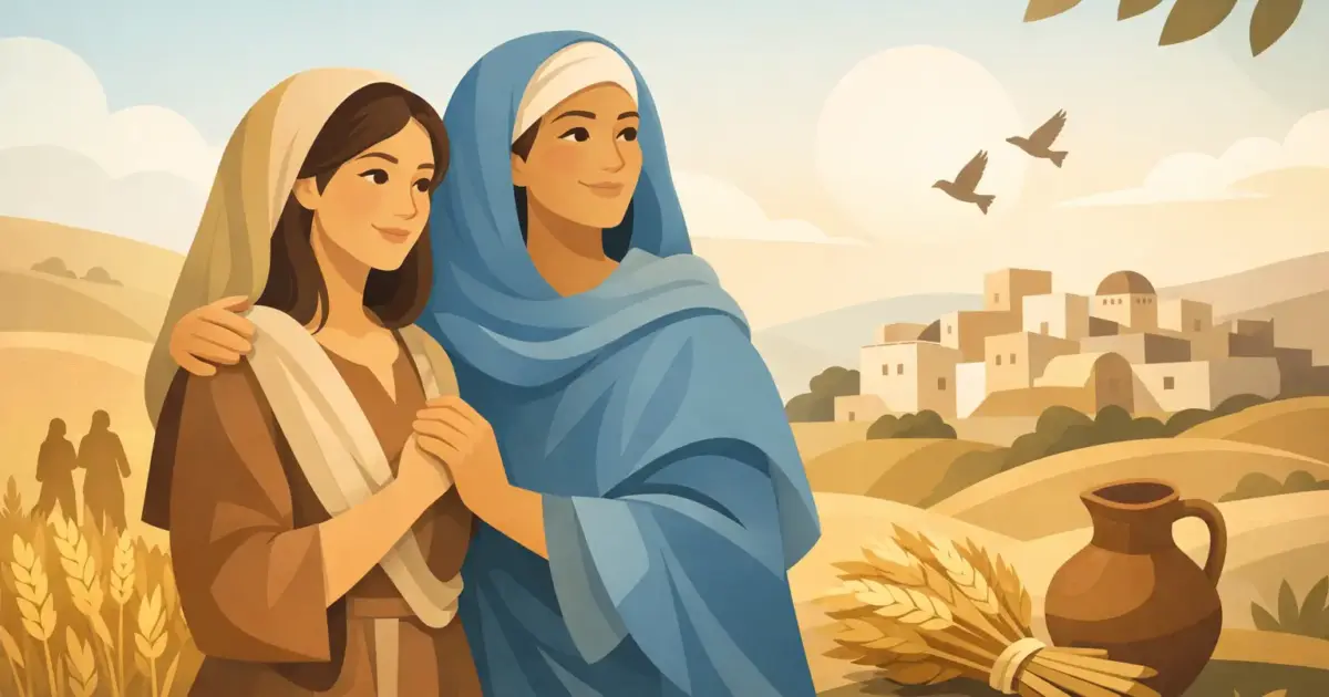 Ilustração de duas mulheres abraçadas em um campo de cereais, inspirada na história de Rute e Noemi.