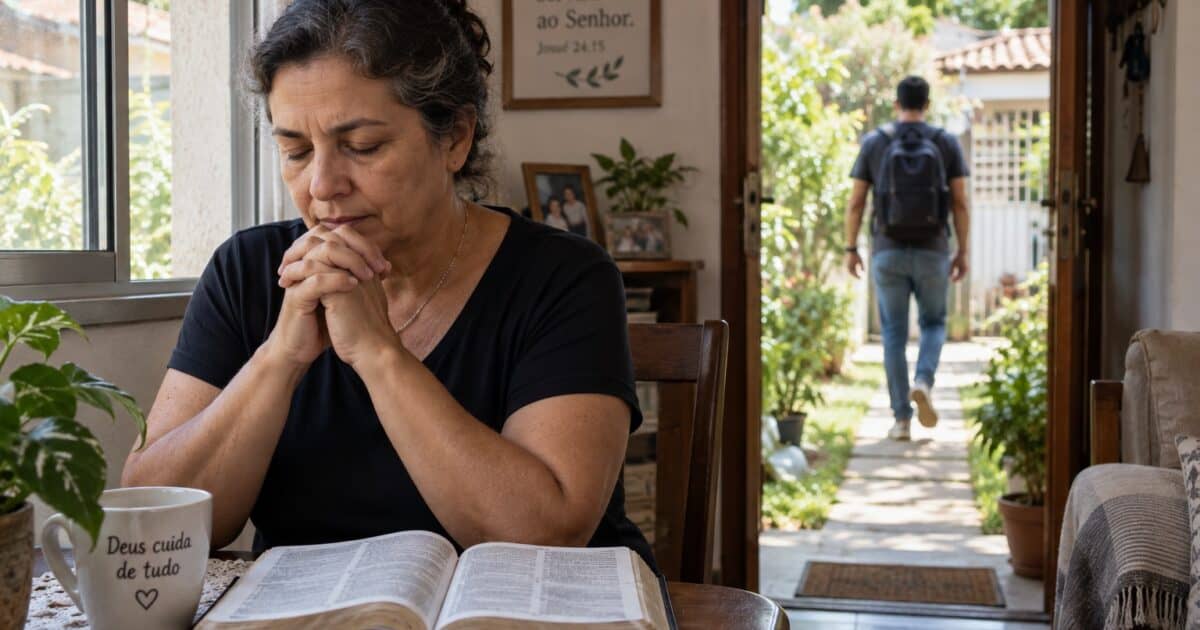 Mãe em oração junto à Bíblia, enquanto o filho adulto sai de casa.