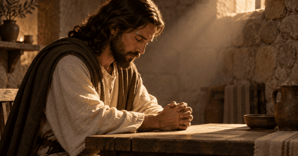 Orar com sinceridade: Jesus ora de mãos unidas junto a uma mesa, iluminado pela luz que entra pela janela.