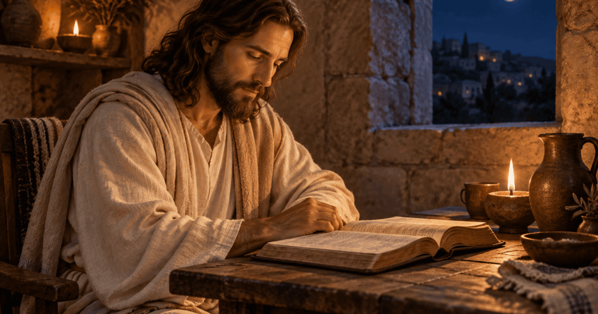 Palavra antes de dormir: Jesus lê um livro à luz de uma lamparina, com a lua visível pela janela.