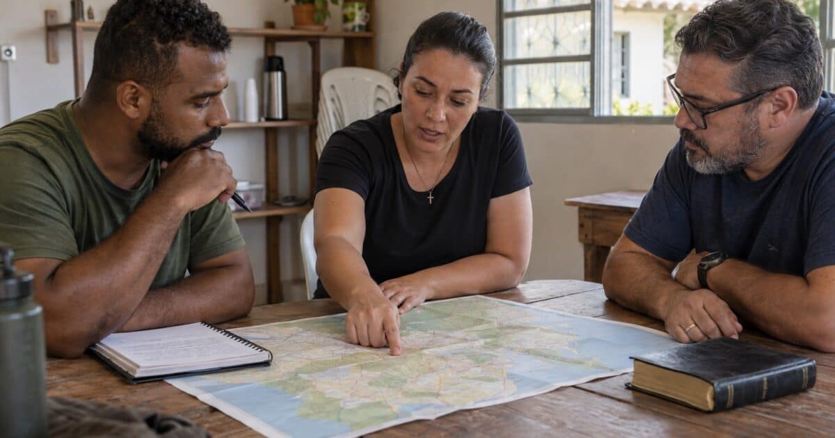 Três voluntários reunidos à mesa com um mapa, um caderno e uma Bíblia durante a preparação missionária.