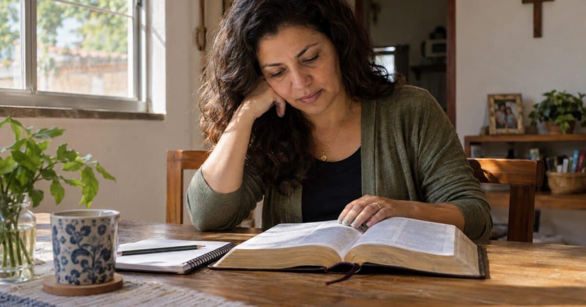 Mulher lê a Bíblia junto à janela, em momento de estudo e reflexão sobre Romanos 12:2.