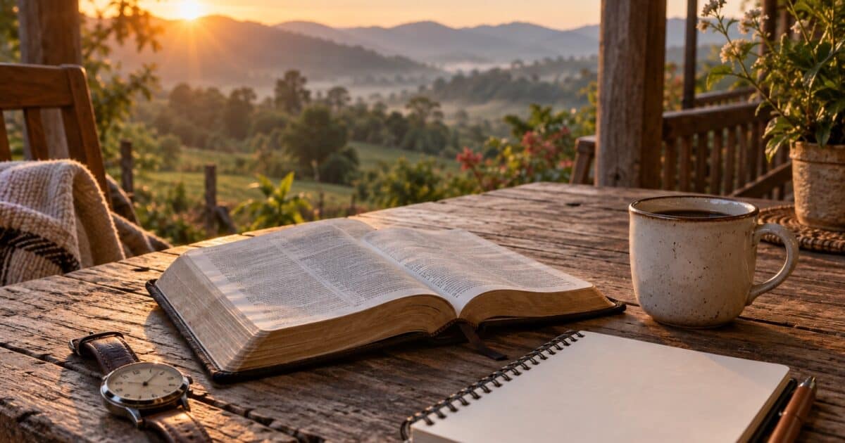 Bíblia aberta, relógio e caderno em uma varanda ao amanhecer, em reflexão sobre Salmo 90:12.