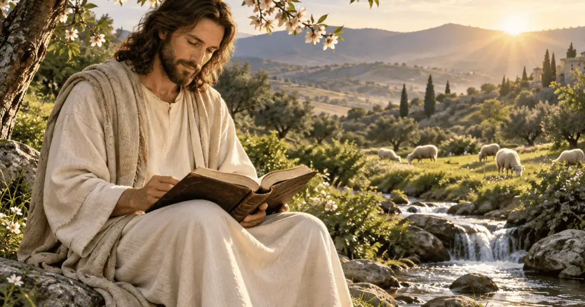 Salmos para hoje: Jesus lê um livro junto a um riacho, sob uma árvore florida, com ovelhas ao fundo.