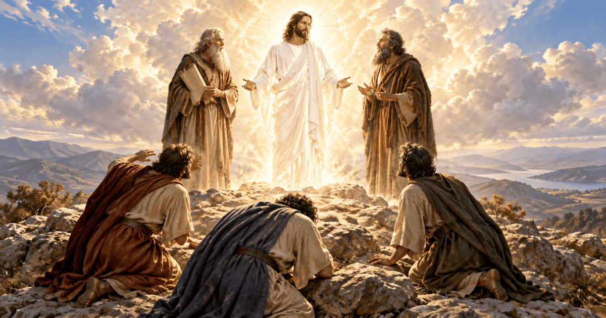 Ilustração da Transfiguração de Jesus, com Moisés e Elias ao lado e Pedro, Tiago e João ajoelhados no monte.